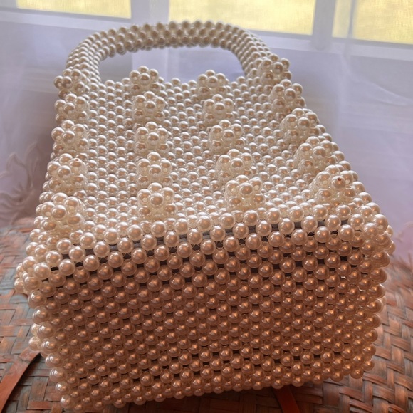 Beaded/Pearl Handmade Tote. White. Satin lined Interior. - Picture 4 of 15